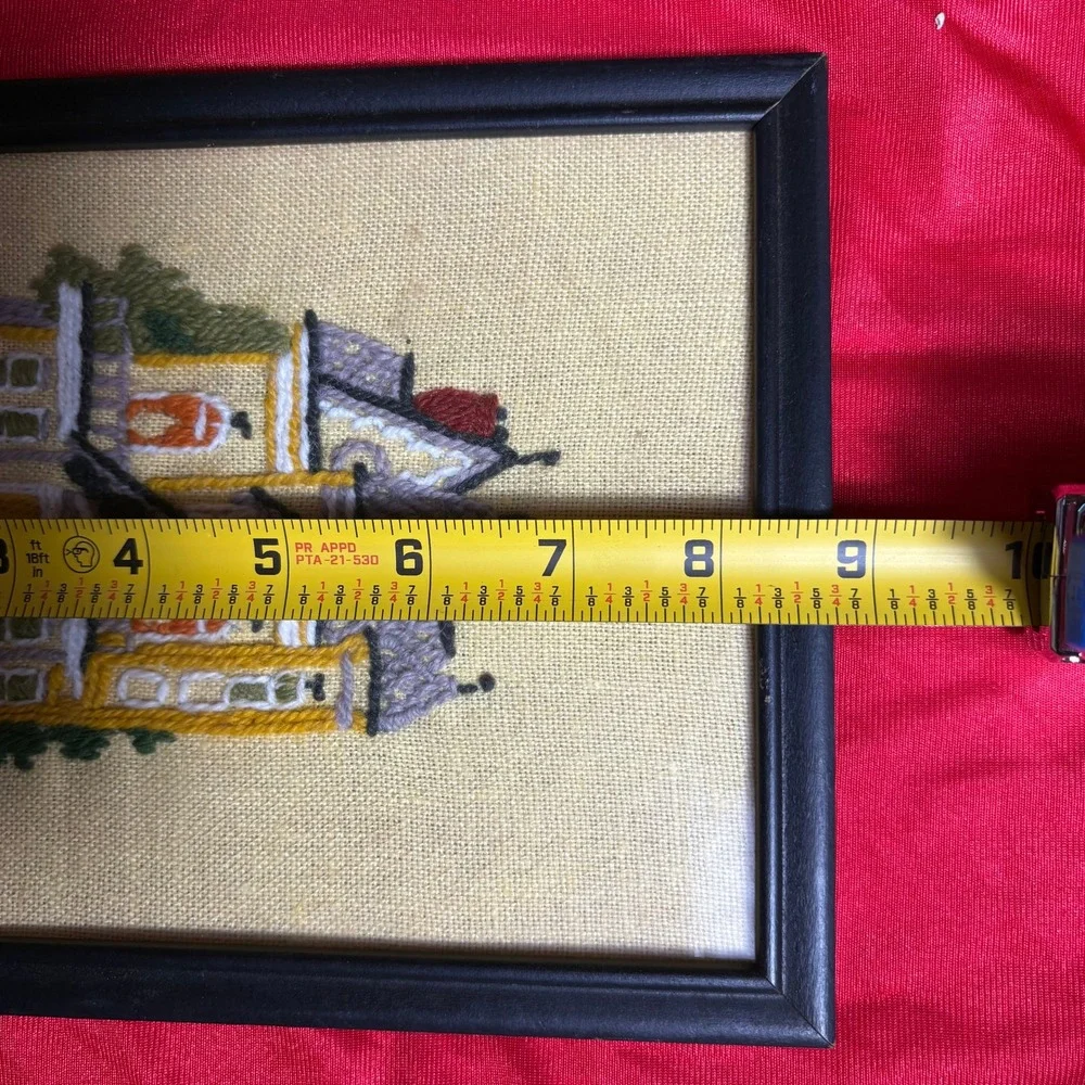 Vtg Handmade Crewel Embroidery Needlework Trio Victorian House Daisies Carriage